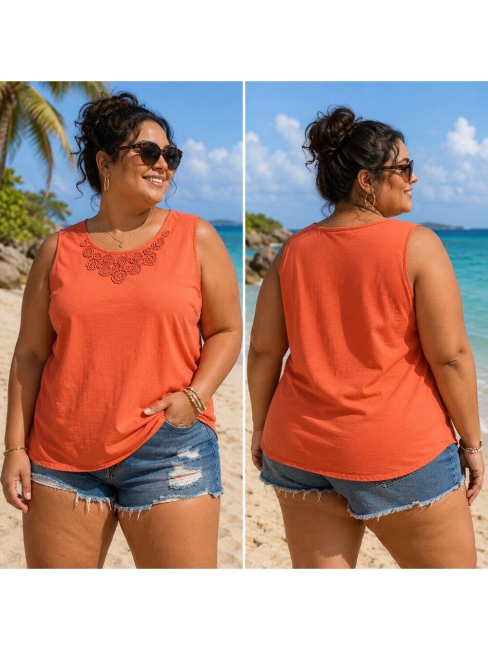 Denim & Co. Womens Embroidered Coral Tank Top 2X Cotton Beach Vacation Resort